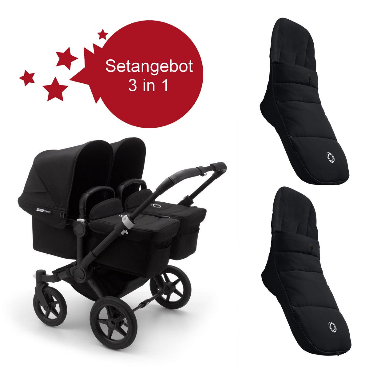 Bugaboo Donkey3 Twin Setangebot mit Fußsäcke- Schwarz, Schwarz, Schwarz