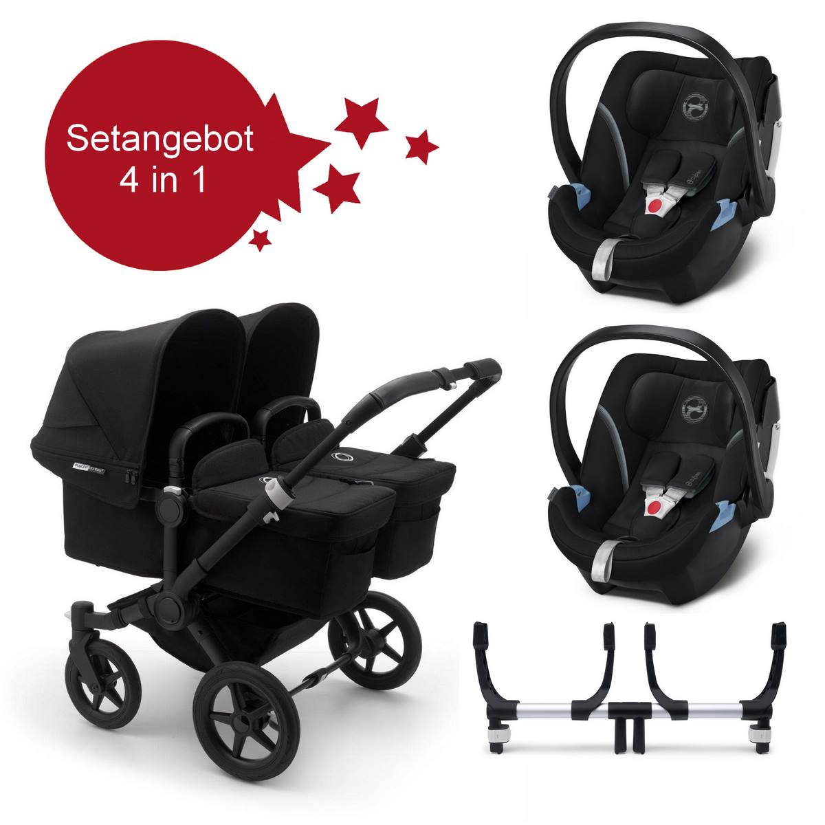 Bugaboo Donkey3 Twin Zwillings Setangebot mit Aton 5- Schwarz, Schwarz, Schwarz