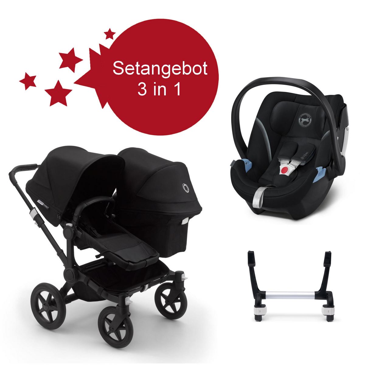 Bugaboo Donkey3 Duo Geschwister Setangebot mit Aton 5- Schwarz, Schwarz, Schwarz