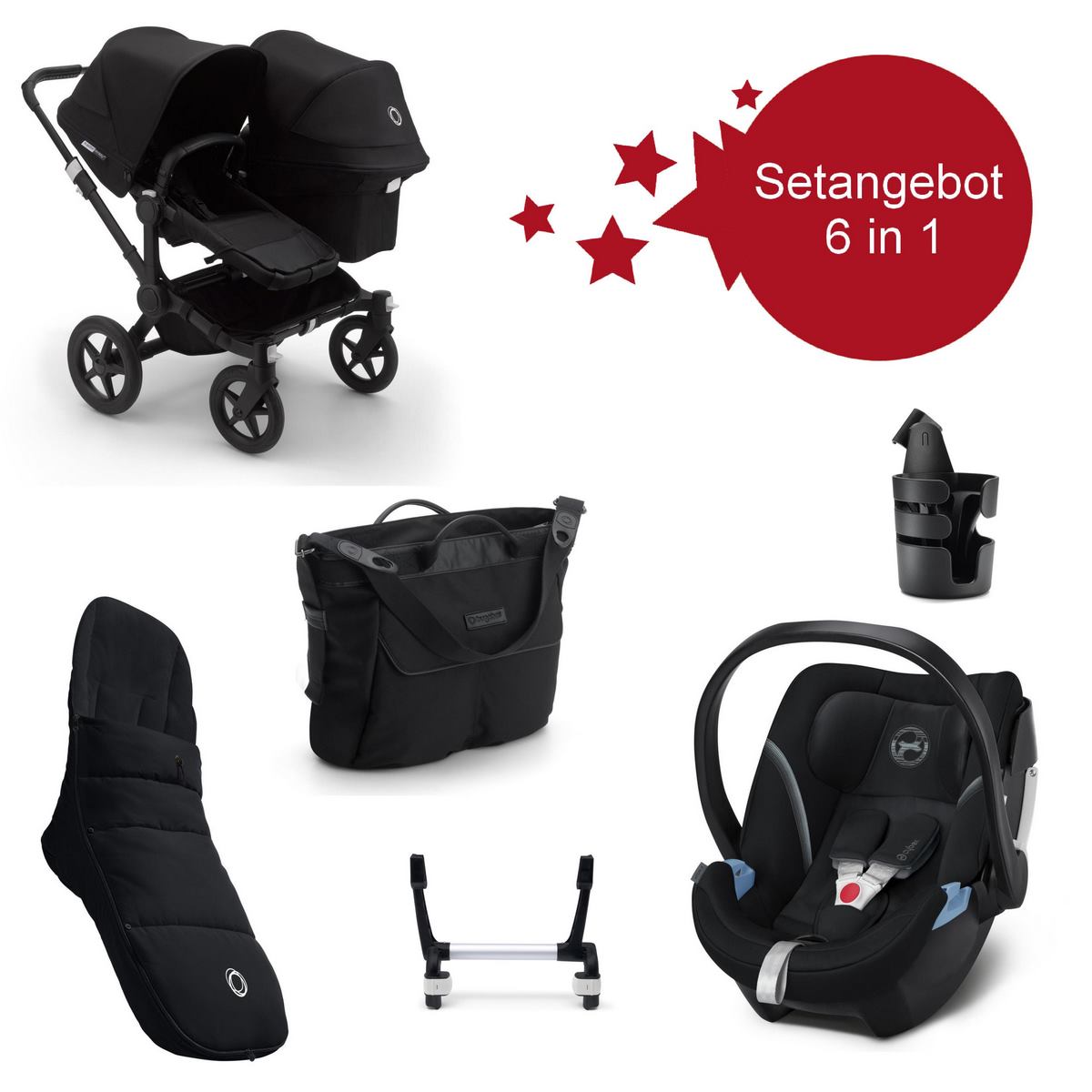 Bugaboo Donkey3 Geschwister Setangebot 6 in 1- Schwarz, Schwarz, Schwarz