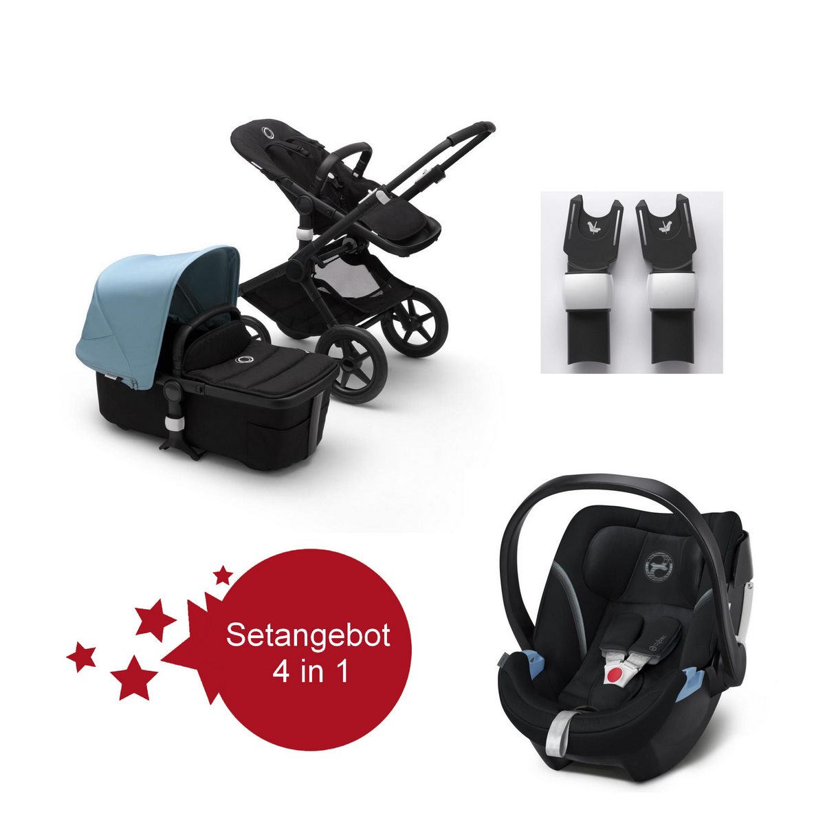 Bugaboo Fox2 Setangebot mit Babyschale Aton 5 - Schwarz, Nebelblau