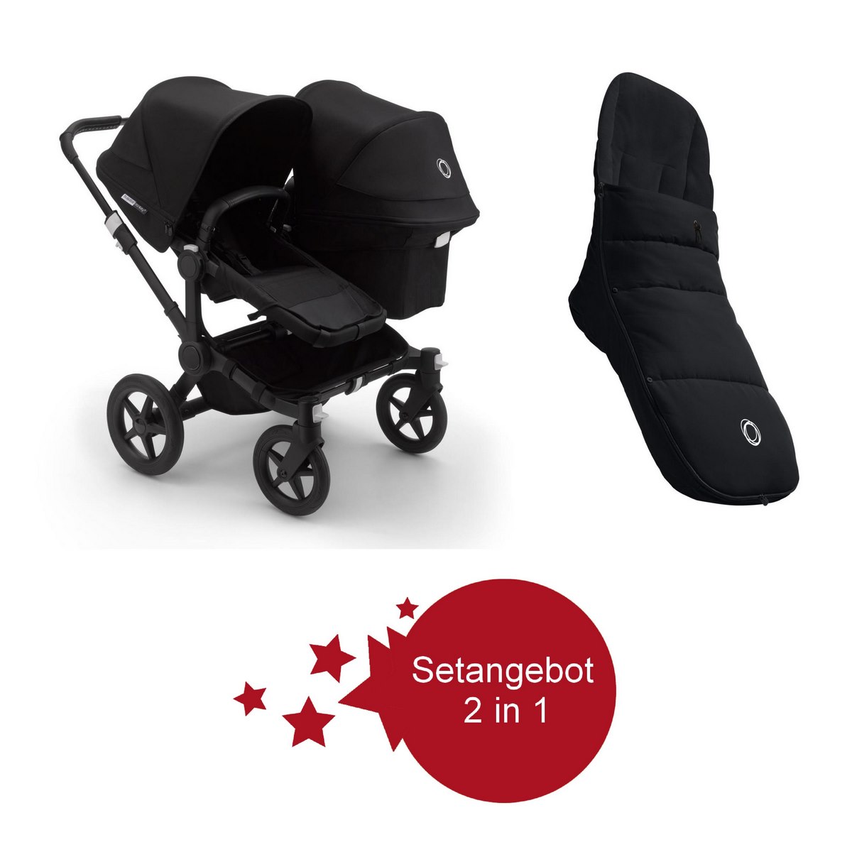 Bugaboo Donkey3 Duo Geschwister Setangebot mit Fußsack Schwarz, Schwarz, Schwarz