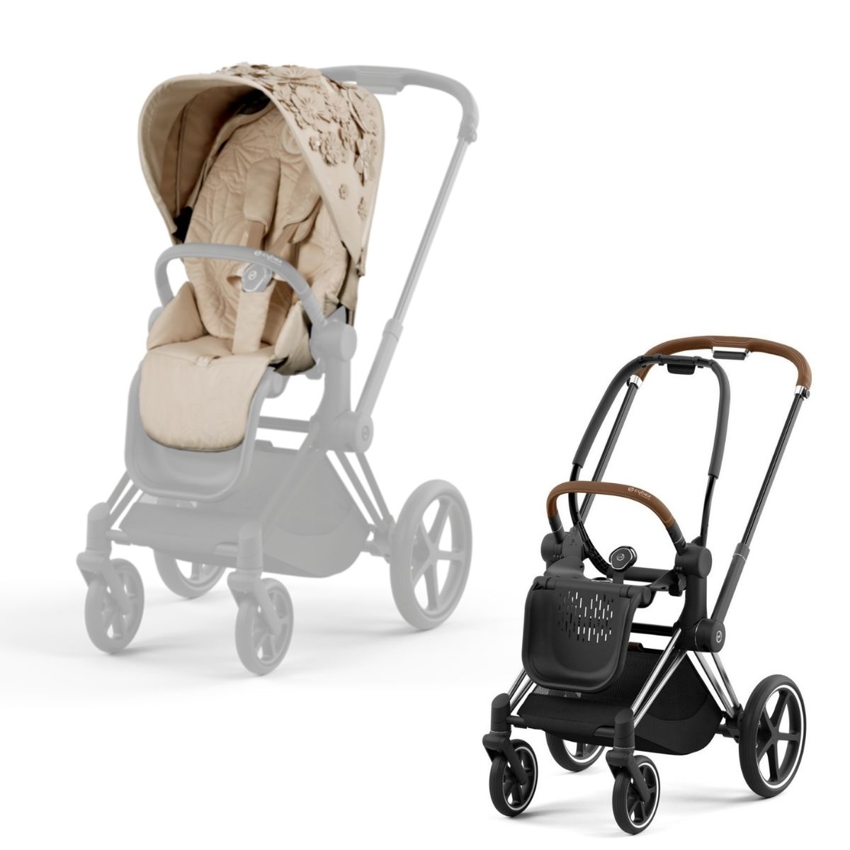 Cybex Priam 4 Kinderwagen Chrome Brown Rahmen- Simply Flowers Beige