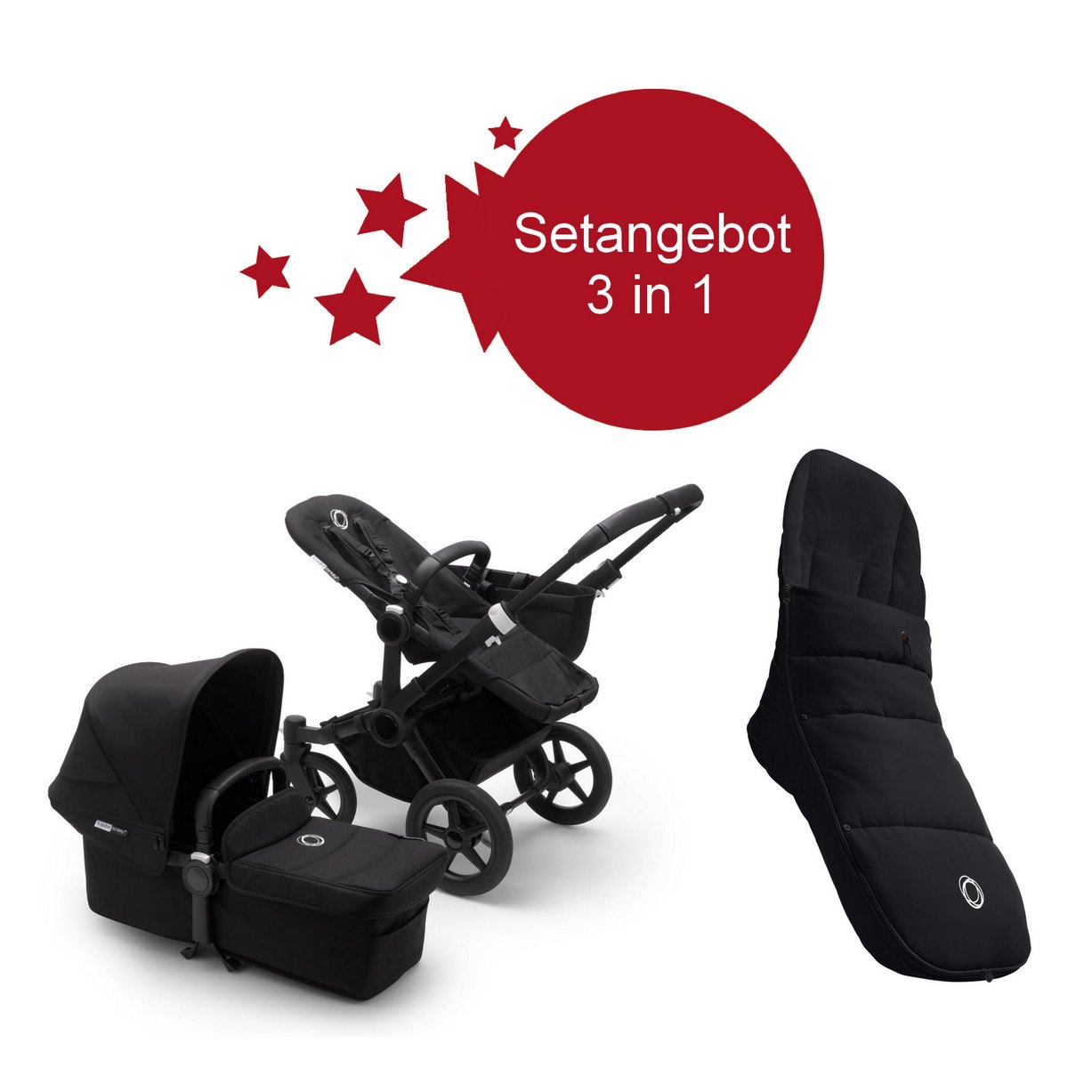 Bugaboo Donkey3 mono Setangebot mit Fußsack- Schwarz, Schwarz, Schwarz