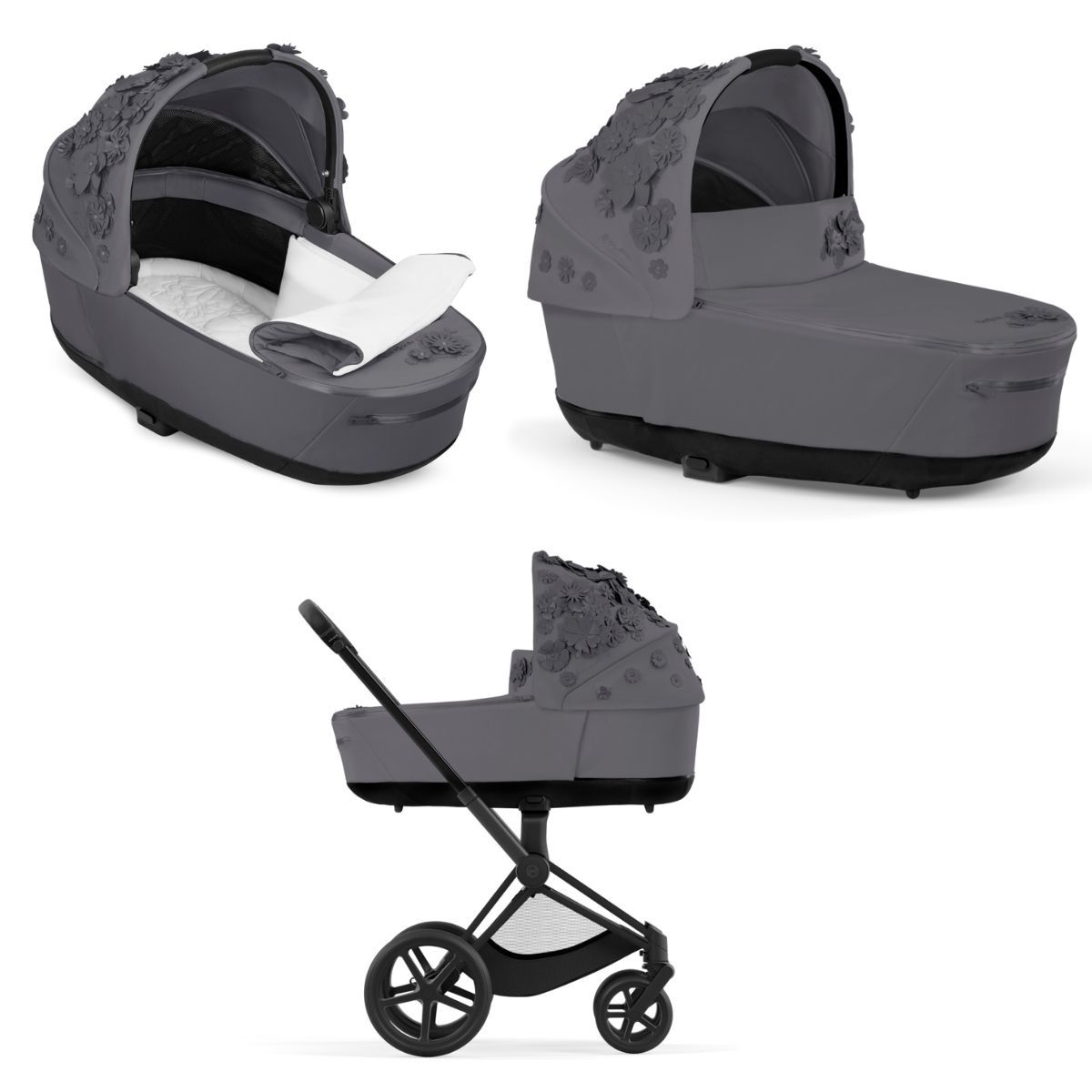 Cybex Priam 4 Kombikinderwagen- Matt Black Rahmen - Simply Flowers Grey