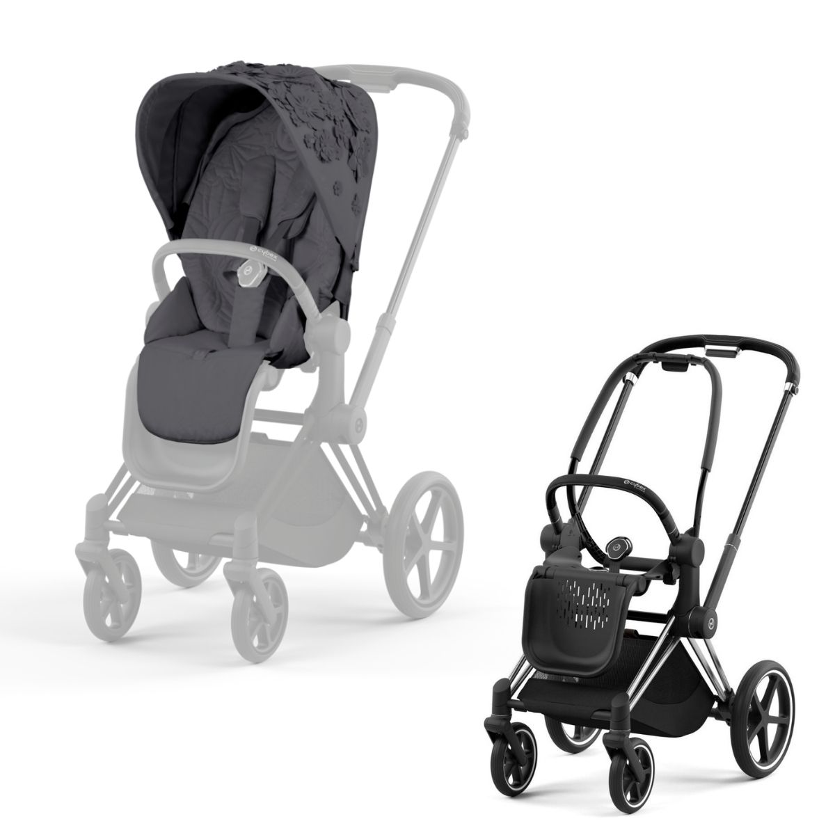 Cybex Priam 4 Kinderwagen Chrome Black Rahmen- Simply Flowers Grey