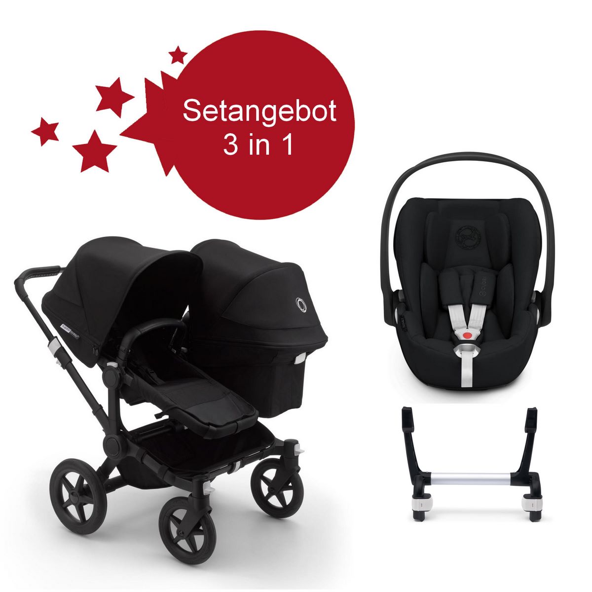 Bugaboo Donkey3 Duo Geschwister Setangebot mit Cloud Z i-Size- Schwarz, Schwarz, Schwarz