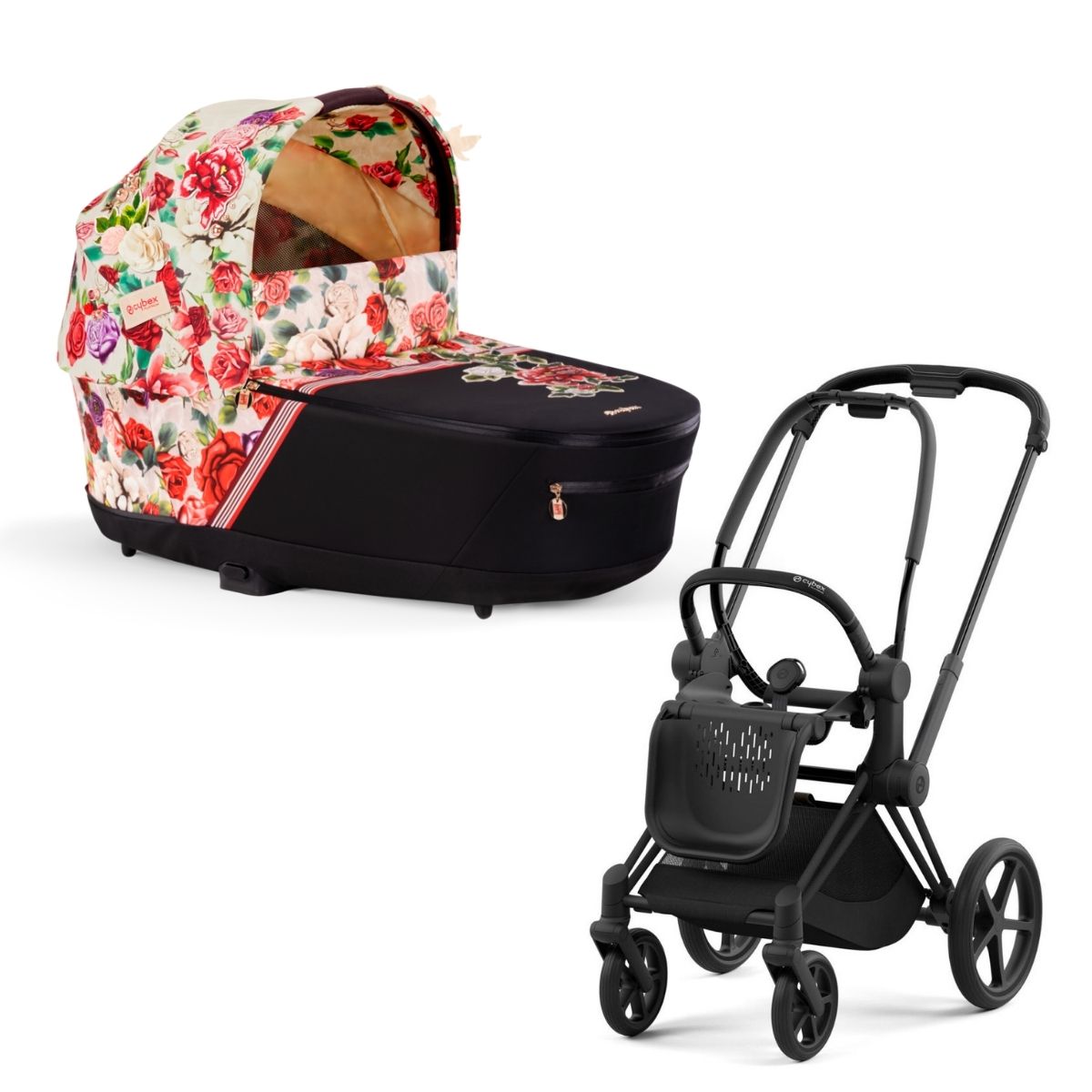 Cybex Priam 4 Kombikinderwagen- Matt Black Rahmen - Spring Blossom Light