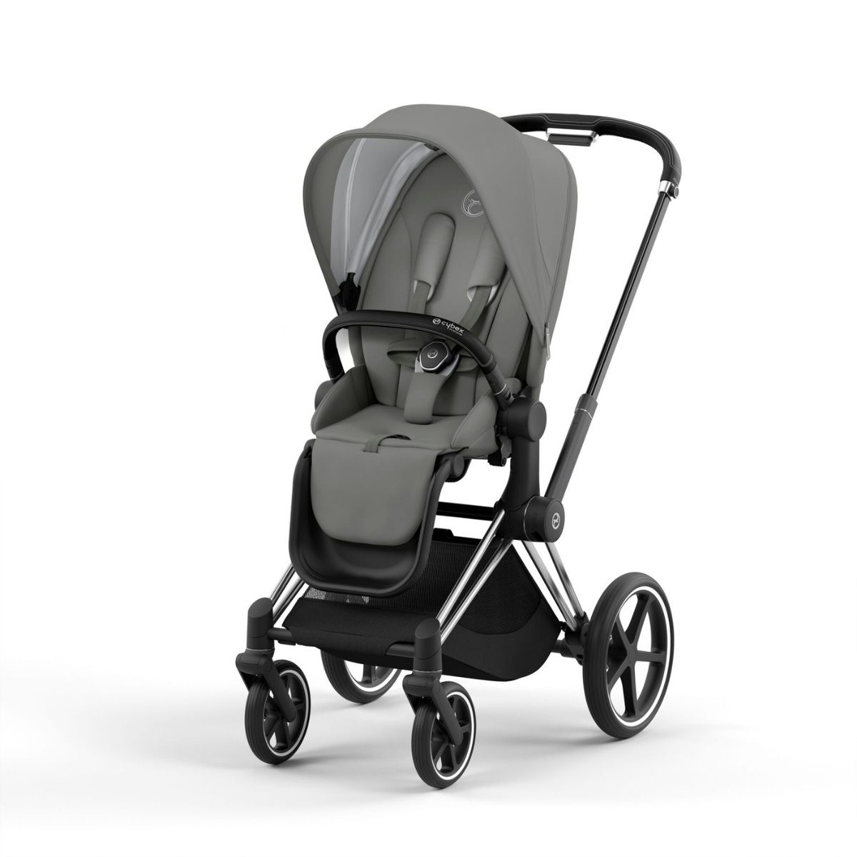 Cybex Priam 4 Kinderwagen Chrome Black Rahmen- Soho Grey Seat Pack