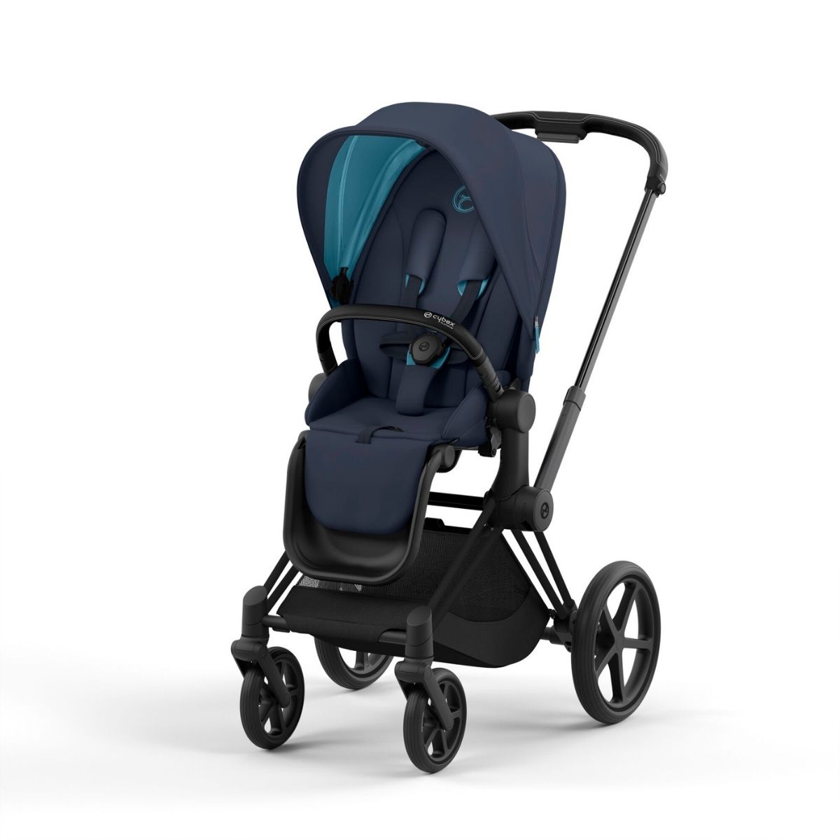 Cybex Priam 4 Kinderwagen Matt Black Rahmen- Nautical Blue Seat Pack