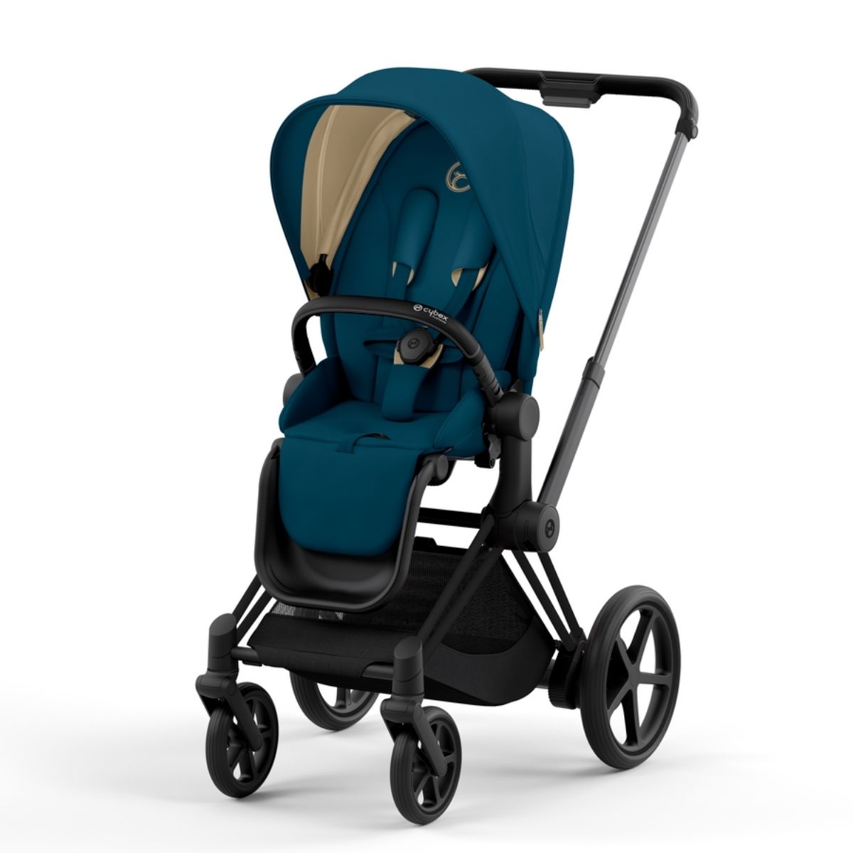 Cybex e-Priam 4 Kombikinderwagen Gestell Matt Black, Stoff Mountain Blue