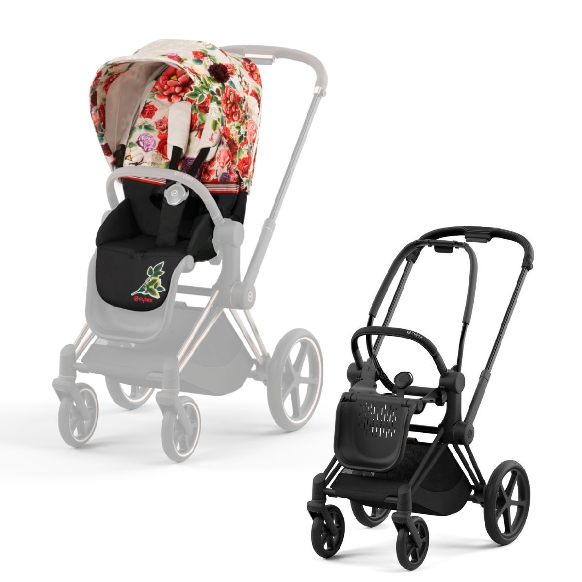 Cybex Priam 4 Kombikinderwagen- Matt Black Rahmen - Spring Blossom Light