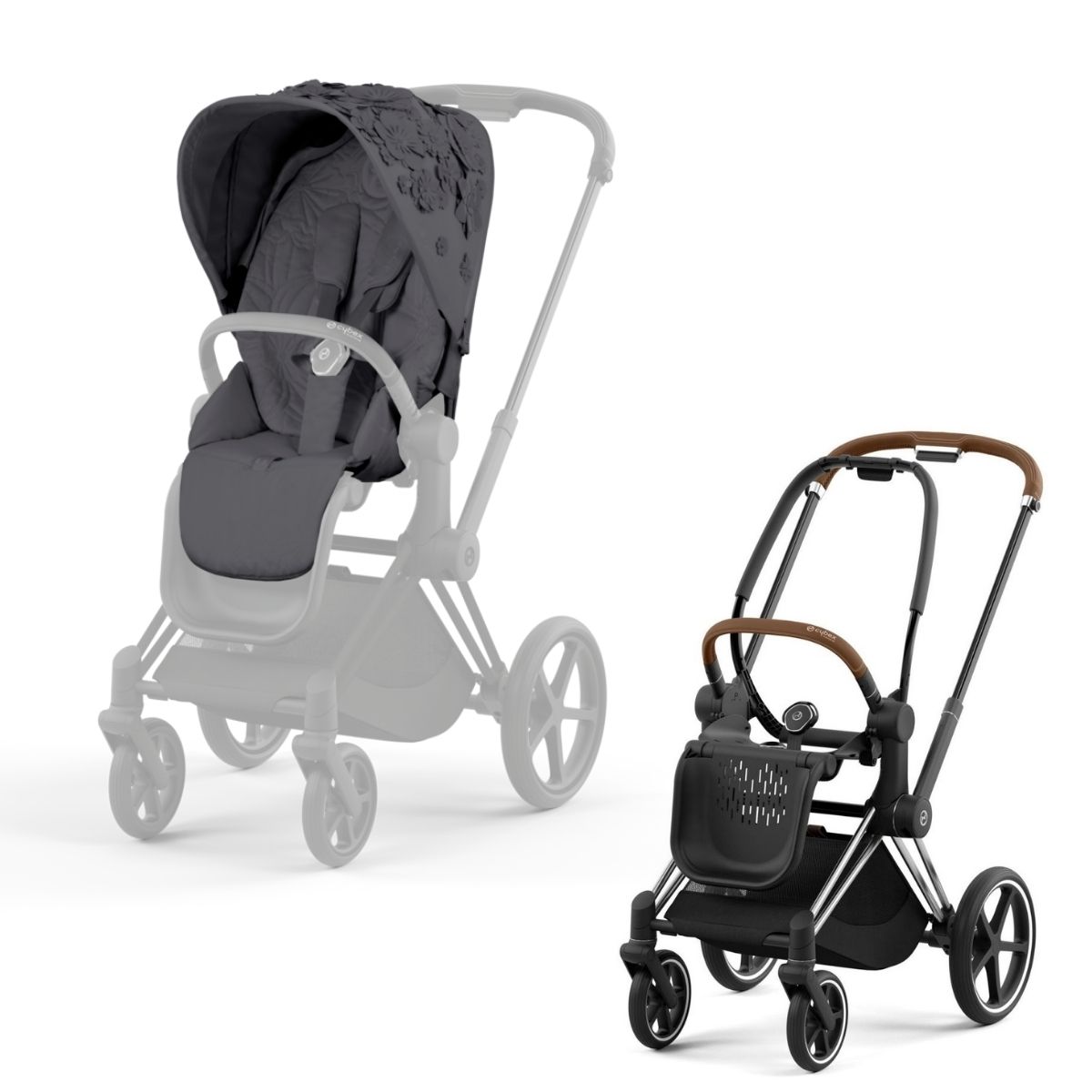 Cybex Priam 4 Kinderwagen Chrome Brown Rahmen- Simply Flowers Grey