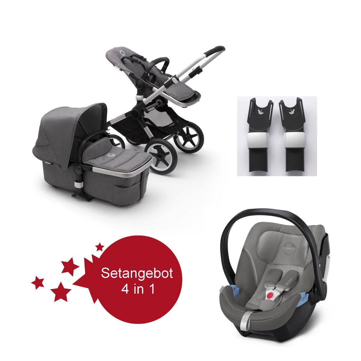 Bugaboo Fox2 Setangebot mit Babyschale Aton 5 - Alu, Grau Meliert