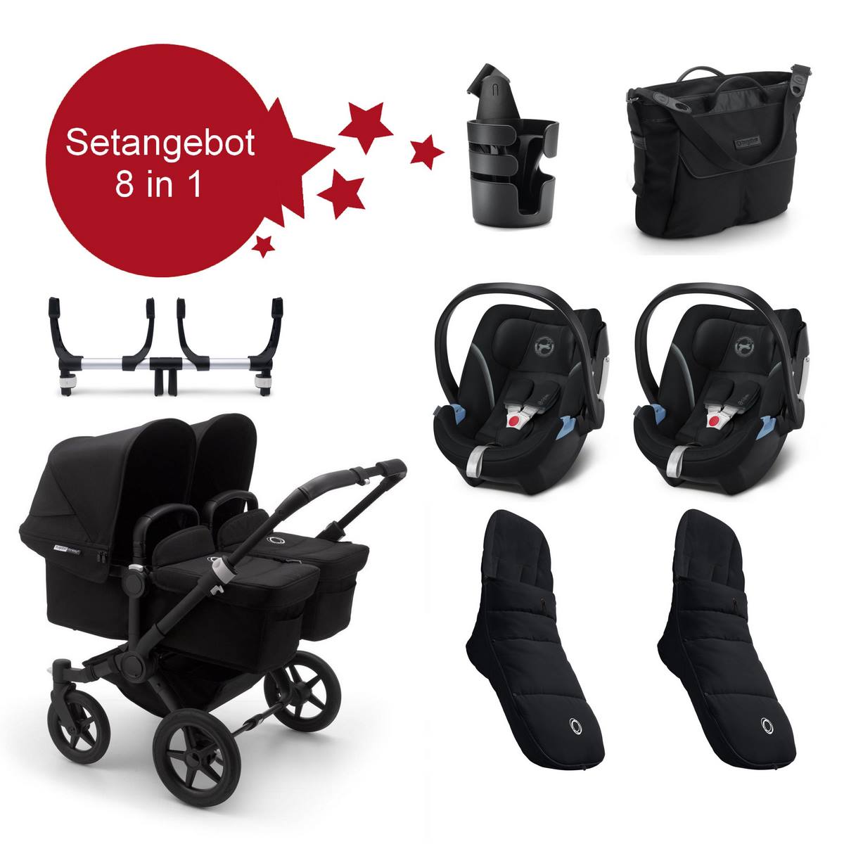 Bugaboo Donkey3 Twin Zwillings Setangebot 8 in 1- Schwarz, Schwarz, Schwarz