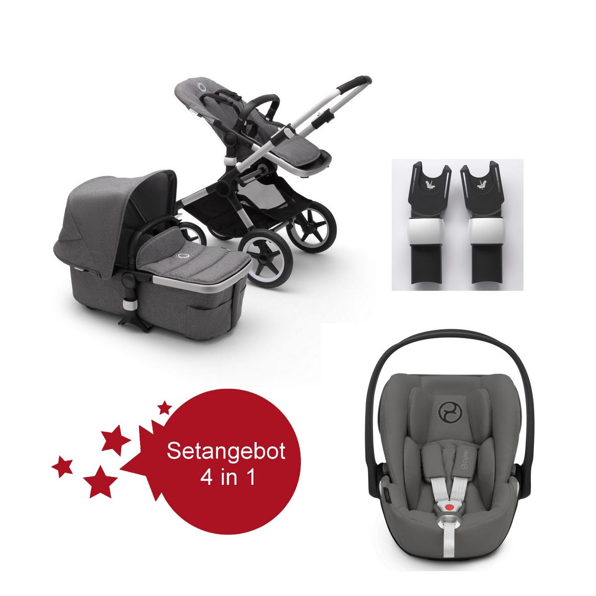 Bugaboo Fox2 Setangebot mit Babyschale Cloud Z I-Size- Alu, Grau Meliert