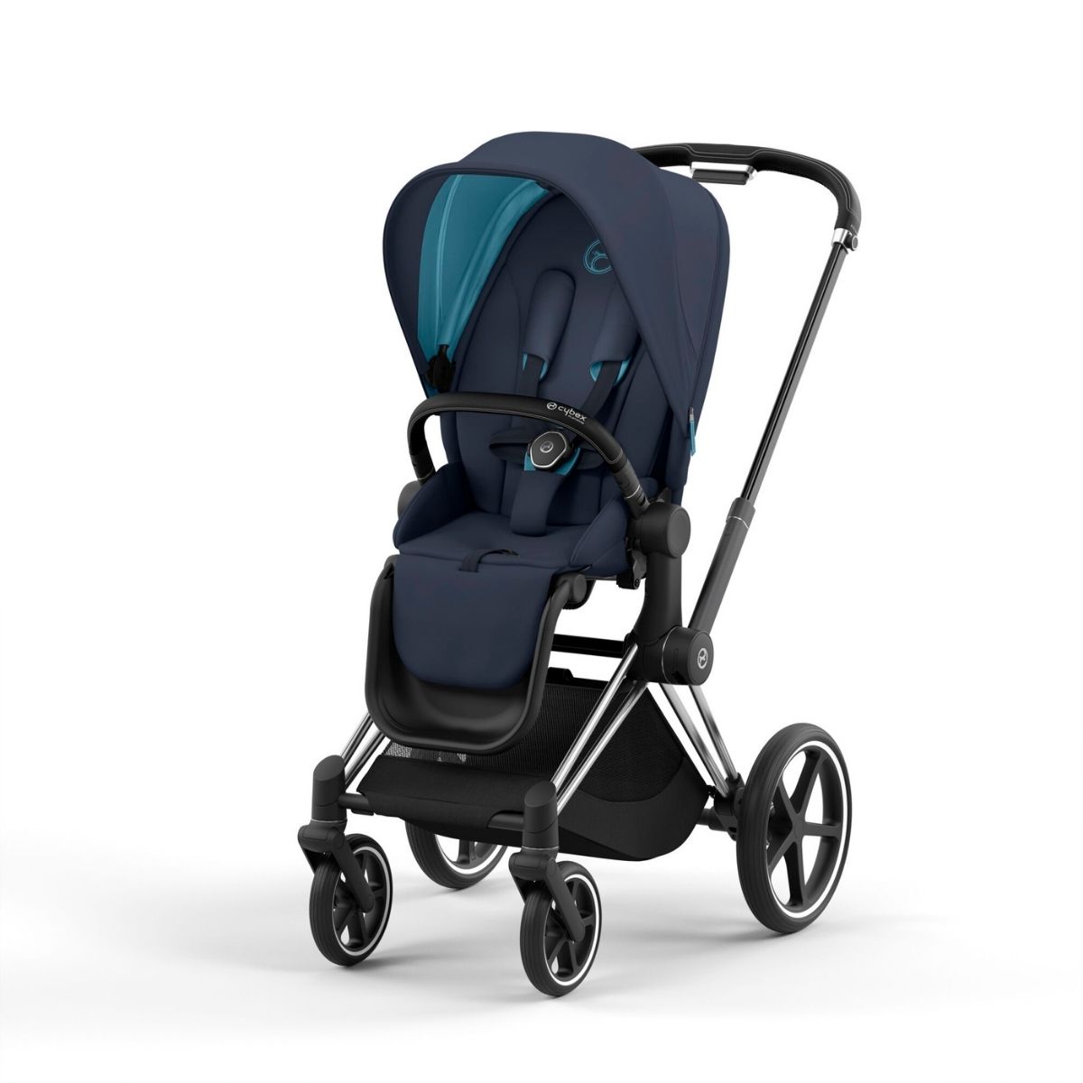 Cybex Priam 4 Kinderwagen Chrome Black Rahmen- Nautical Blue Seat Pack