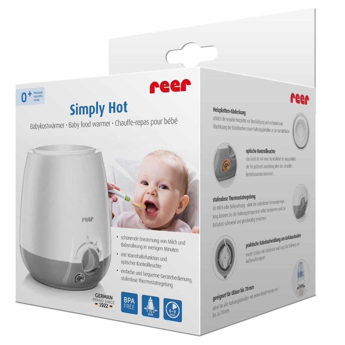 Reer Simply Hot Babykostwärmer Karton seitlich